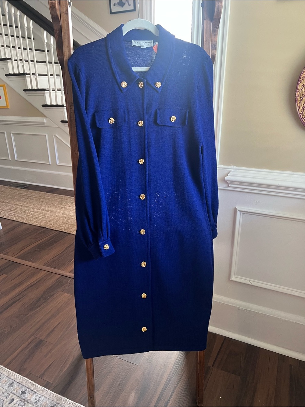St. John Cobalt Blue Long Sleeve Knit Shirt Dress with Gold Buttons